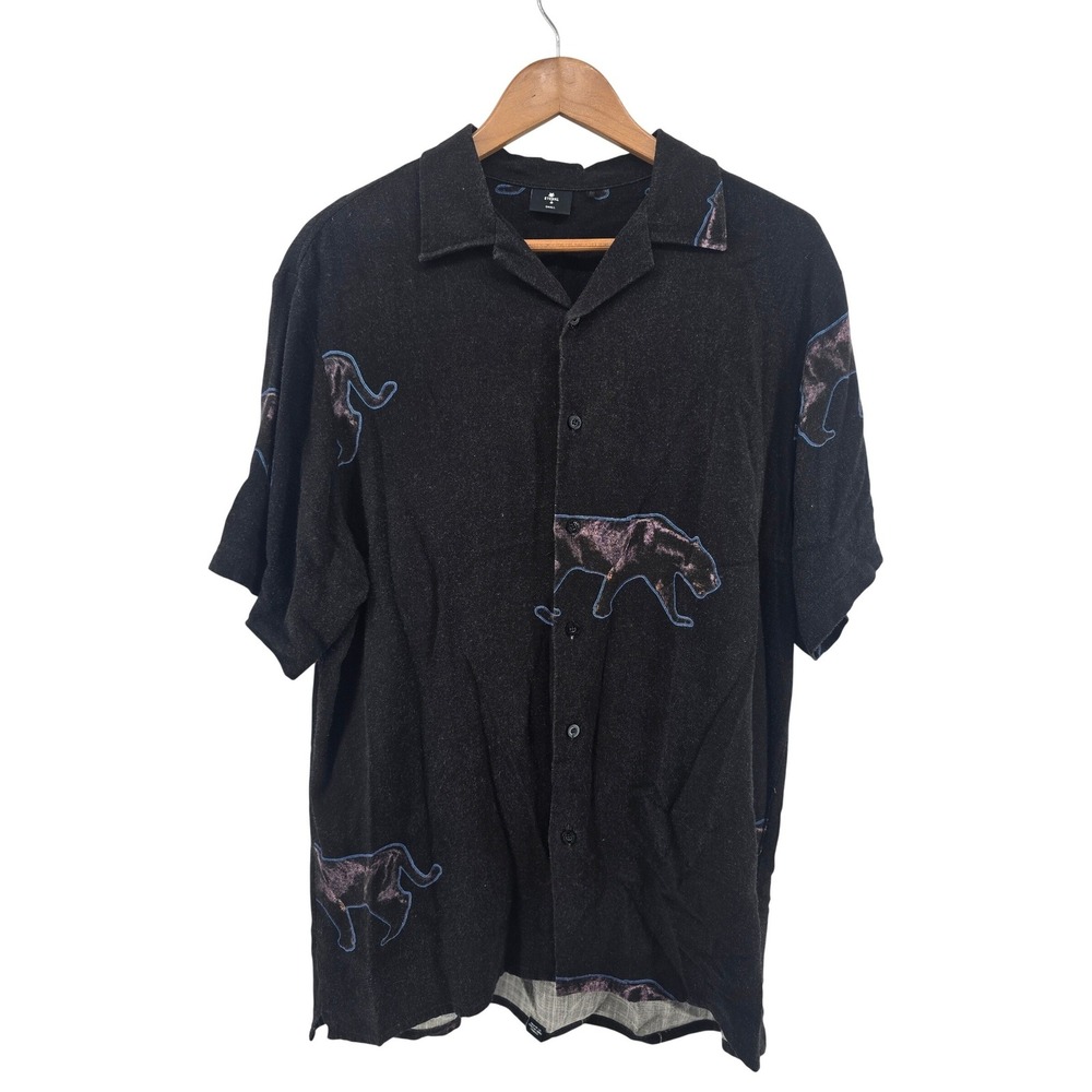 Thrills Bowling Shirt Mens Small Black Panther Print Camp Collar Short Sleeve